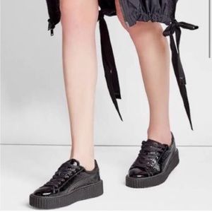 fenty puma by rihanna all black crinkle patent faux leather platform creepers